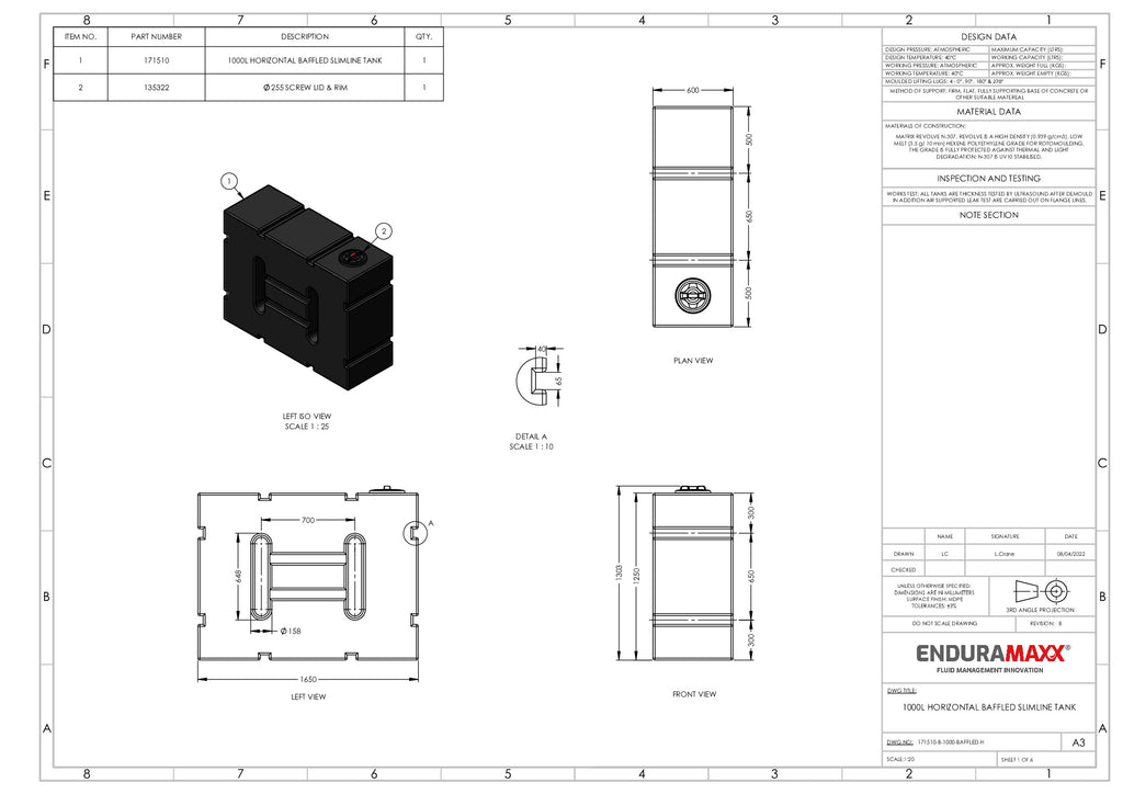 1000 Litre Enduramaxx Baffled Horizontal Slimline Water Tank